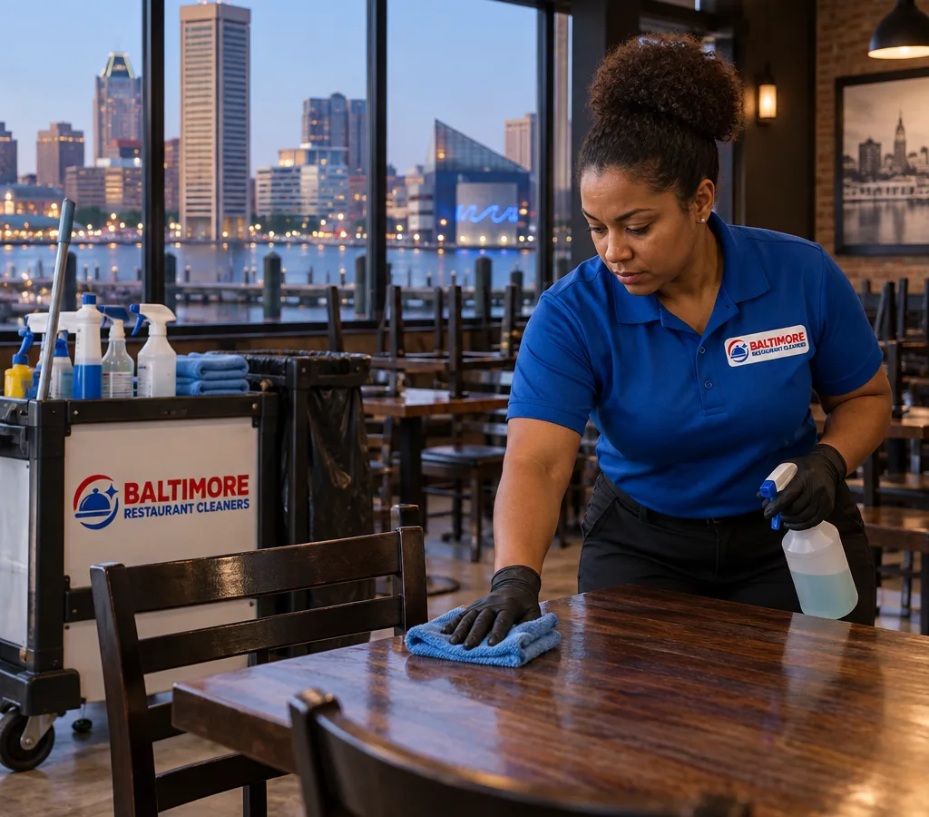 Uniformed cleaner sanitizing restaurant dining tables and chair backs after closing