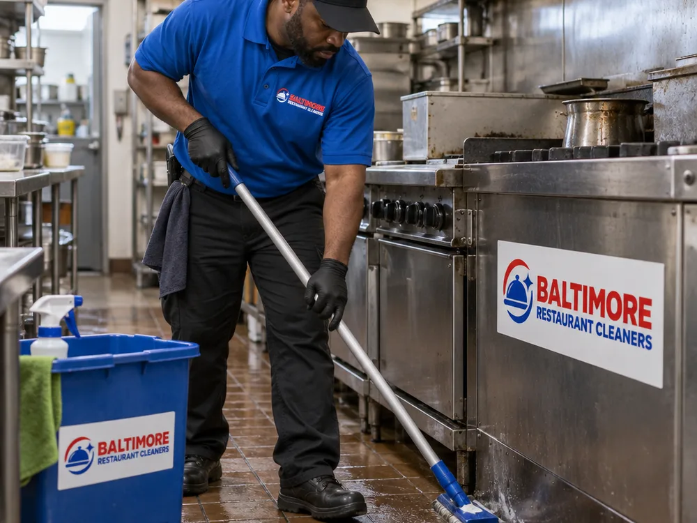 Cleaner mopping and detailing grease-prone restaurant kitchen floor edges