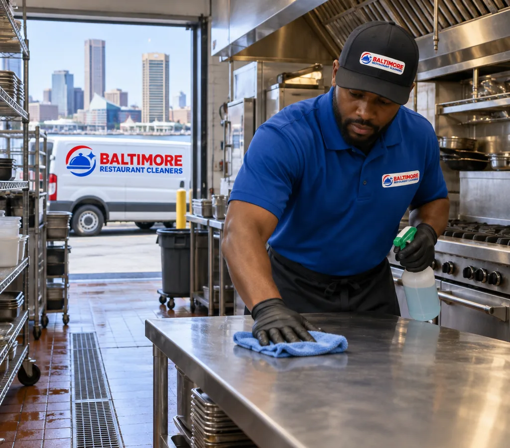 Cleaner in PPE wiping commercial kitchen equipment near stainless prep tables, hood line, and floor drains