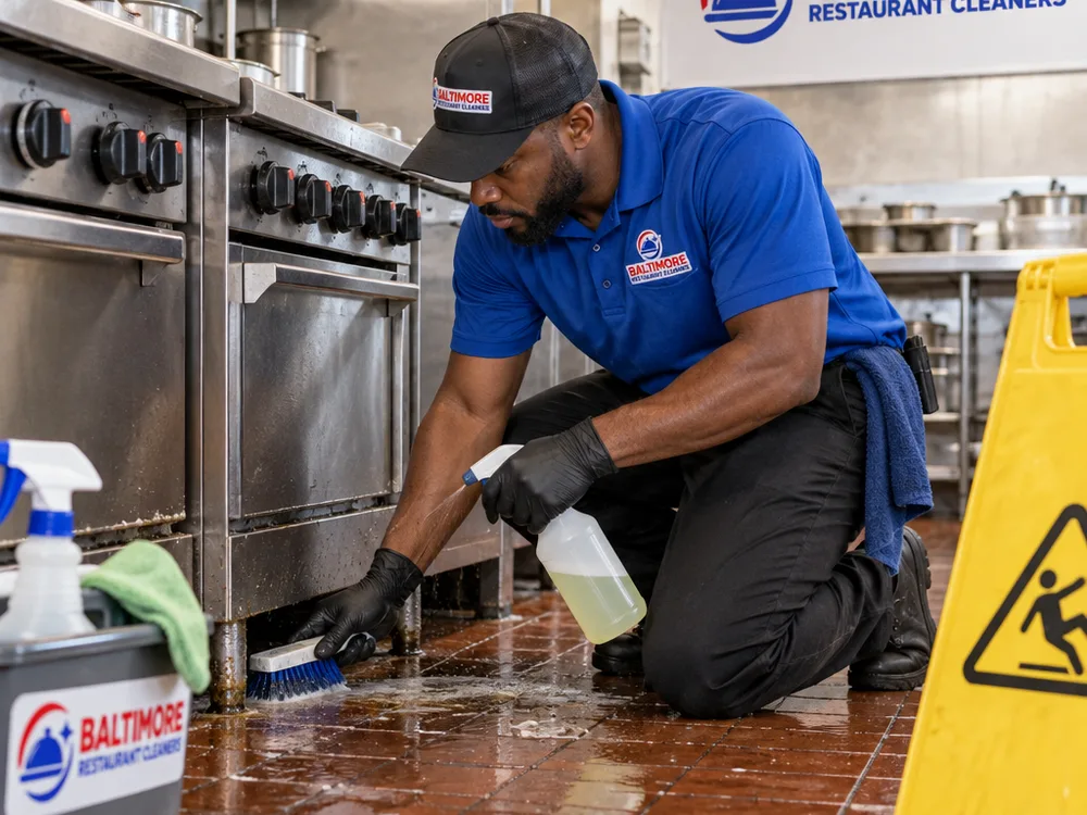 Cleaner detailing the underside, legs, and adjacent wall base of a commercial range with a wet floor sign nearby