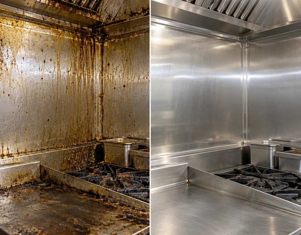 Before-and-after comparison of a greasy cook-line wall and stainless backsplash after degreasing and detailing