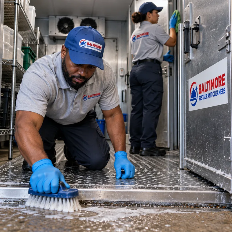 Walk-in cooler threshold and floor being scrubbed while a technician details door gaskets and handles