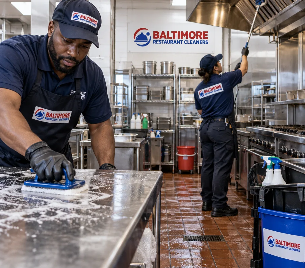 Baltimore restaurant back-of-house kitchen with stainless prep tables, hood line, and tile floor being professionally deep cleaned
