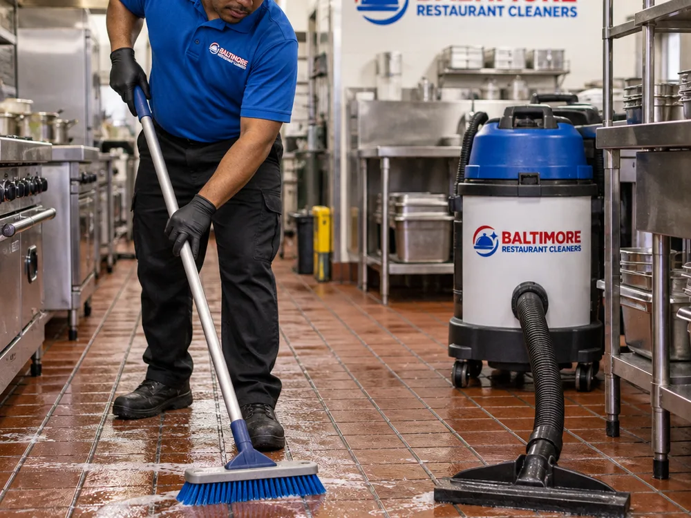 Quarry tile floor and grout lines being scrubbed with a deck brush and wet vacuum pickup in a commercial kitchen aisle