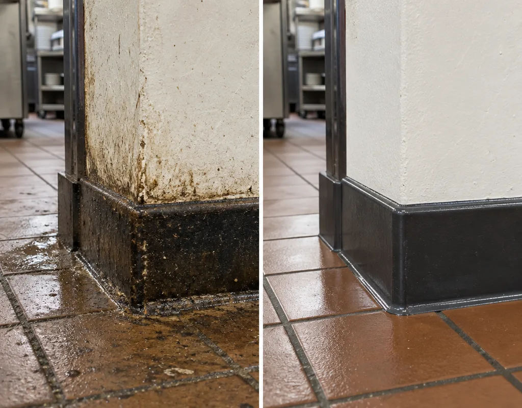 Before and after view of a restaurant floor edge and baseboard corner with built-up grime removed