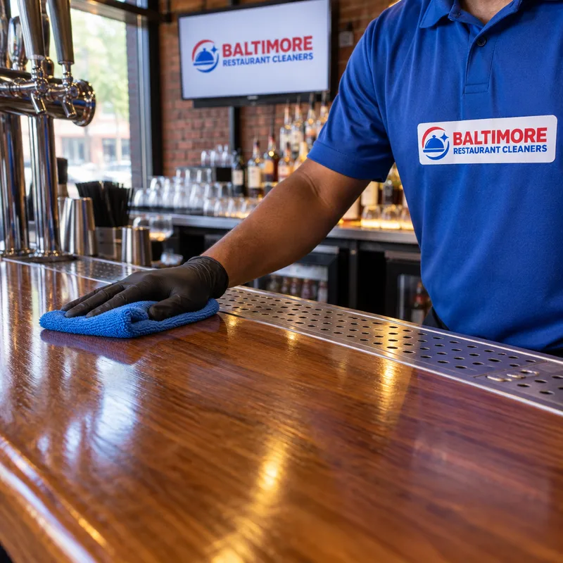 Clean bar rail and bar top with mats removed and sticky residue cleared from common spill points