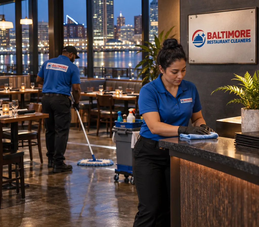 Baltimore restaurant dining room being cleaned after closing, with reset tables, mopped floors, and detailed high-touch surfaces