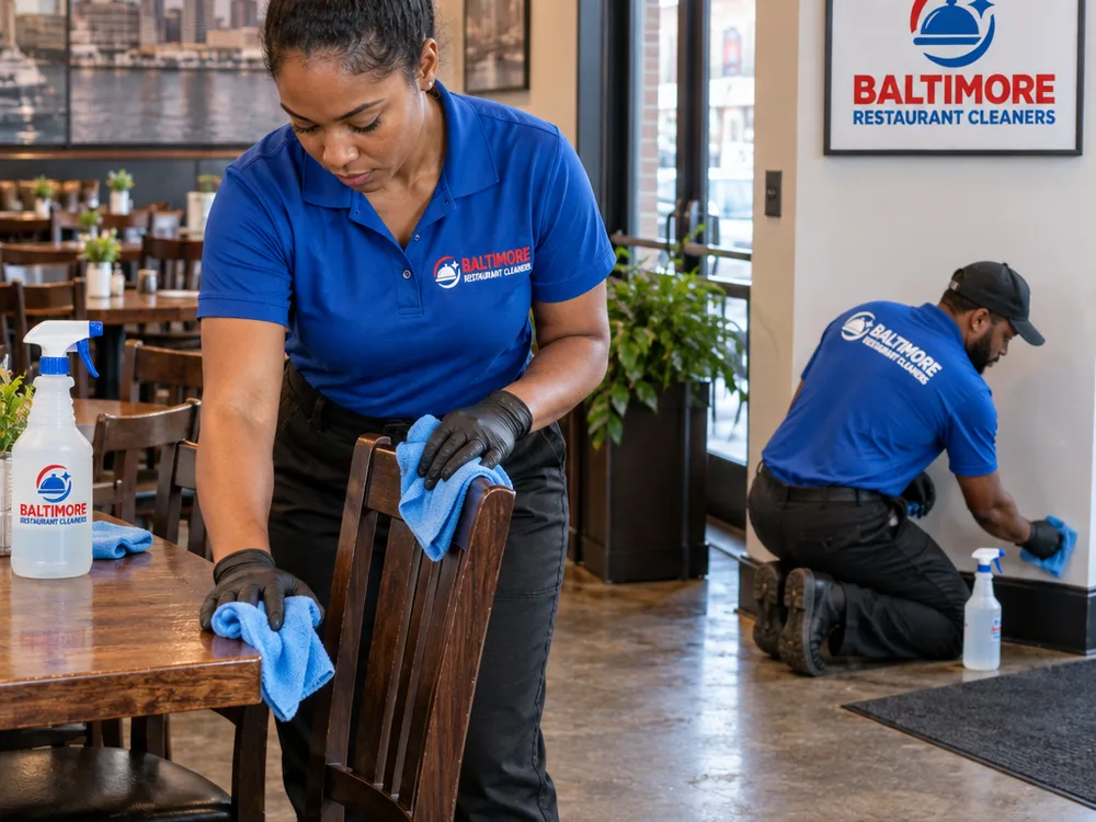 Technicians detail-cleaning restaurant chair backs, table edges, baseboards, and a high-traffic entry path