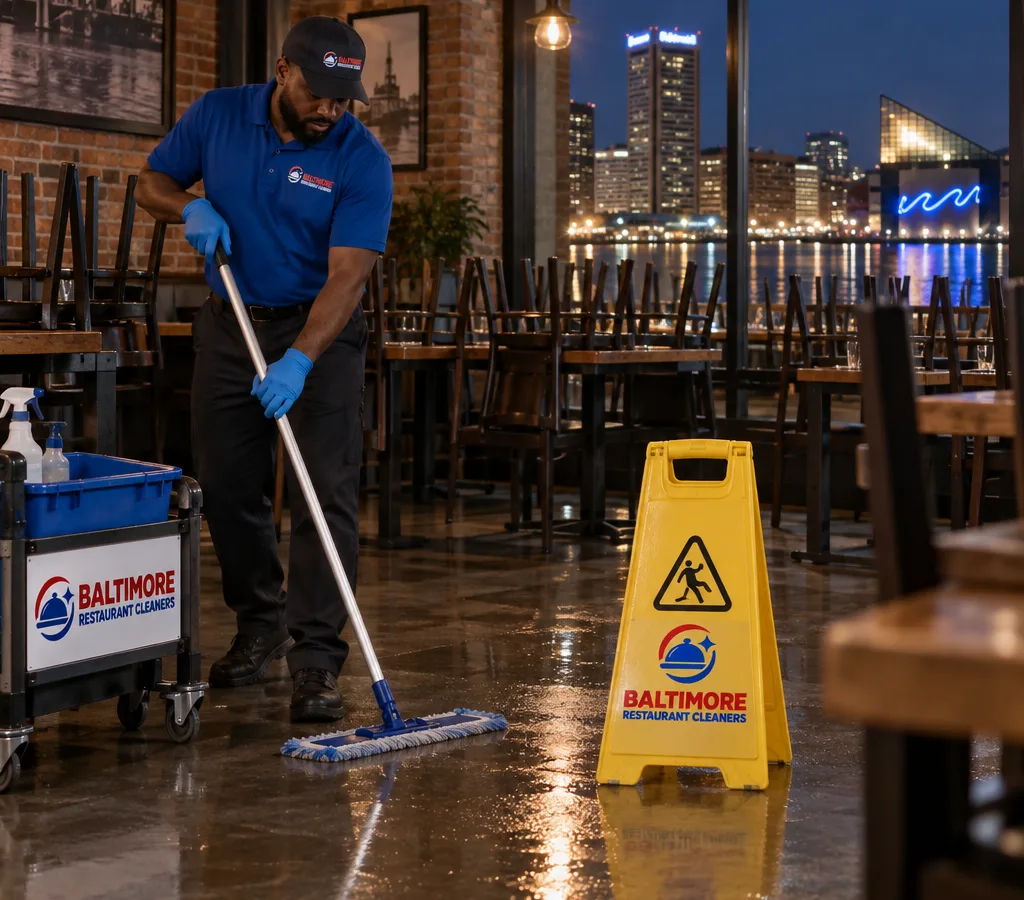 Baltimore restaurant dining room after close with raised chairs, freshly cleaned floors, and a cleaner mopping beside caution signage