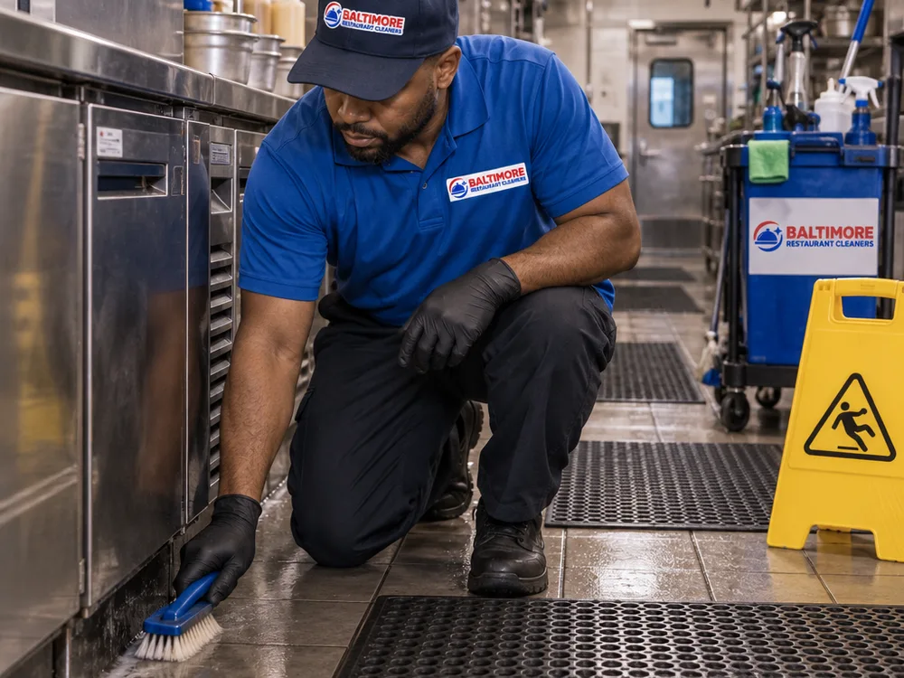 Cleaner performing detailed floor edge work in a commercial kitchen corridor at night beside non-slip mats and stainless equipment