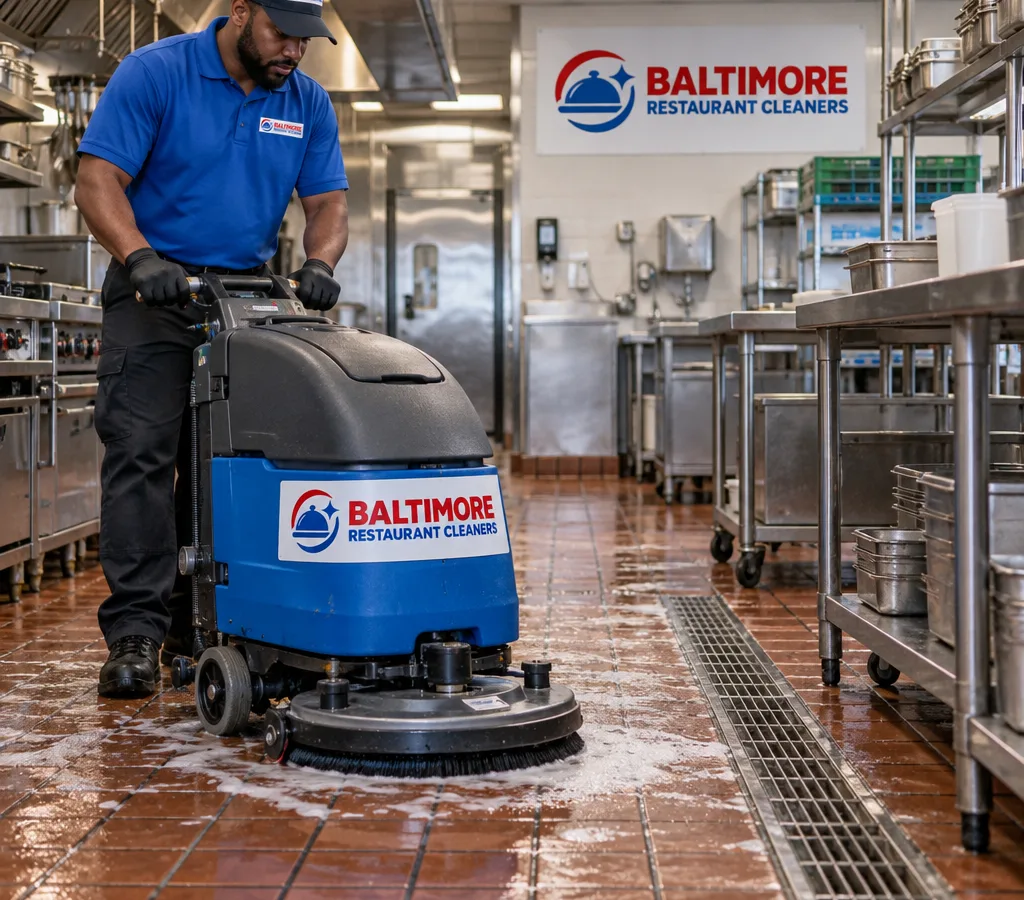 Technician scrub-cleaning a commercial kitchen quarry tile floor with an auto scrubber near floor drains and stainless prep tables