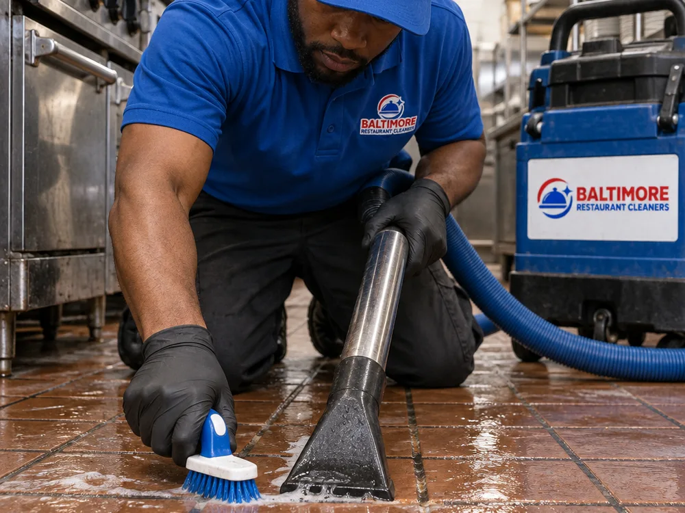 Brush cleaning a commercial kitchen tile grout line while a wet vacuum wand recovers the solution