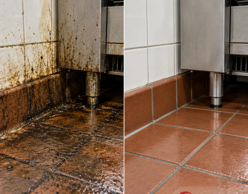 Before-and-after view of grease removed from a commercial kitchen floor corner and cove base