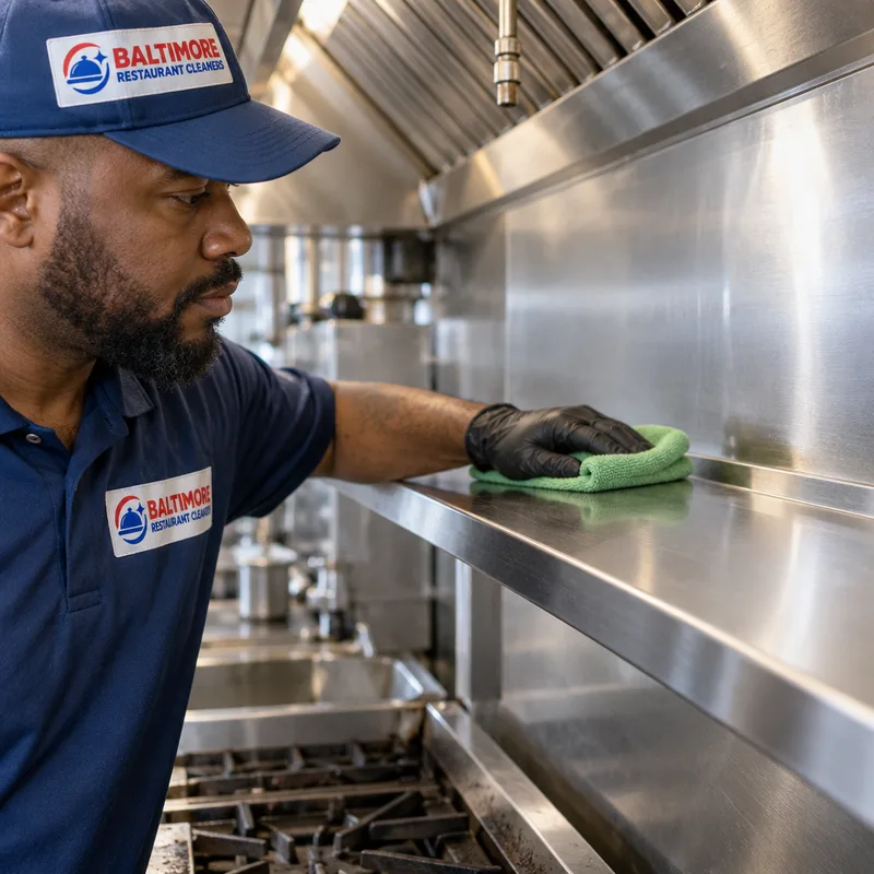 Freshly degreased stainless backsplash and shelf behind a commercial cookline