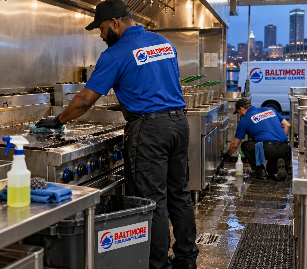 Commercial kitchen crew cleaning a stainless cookline around fryers and beneath equipment after hours