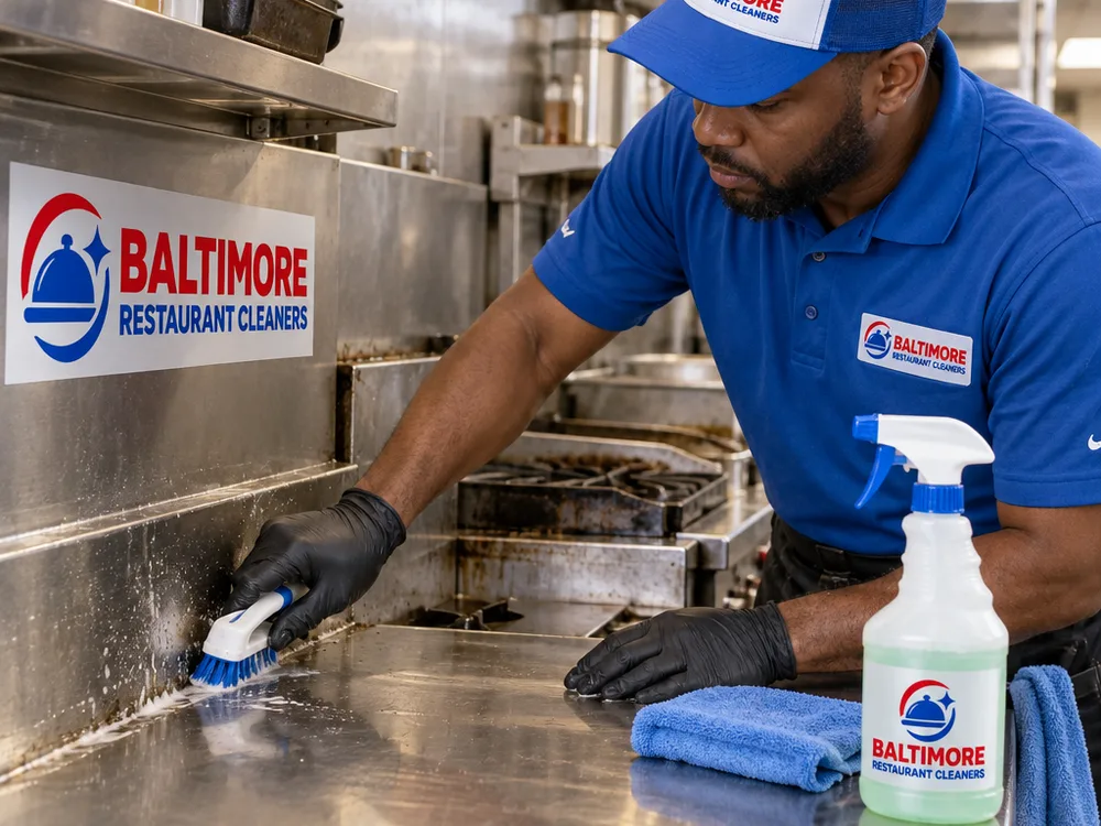 Cleaner hand-detailing greasy seams and corners on a stainless prep table and backsplash near the cookline