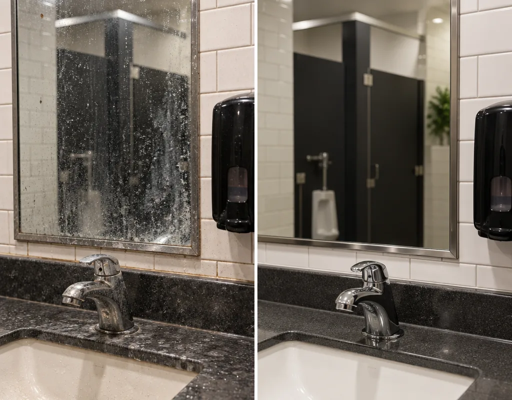 Before-and-after view of a commercial restroom sink, mirror, and grout after detailed cleaning
