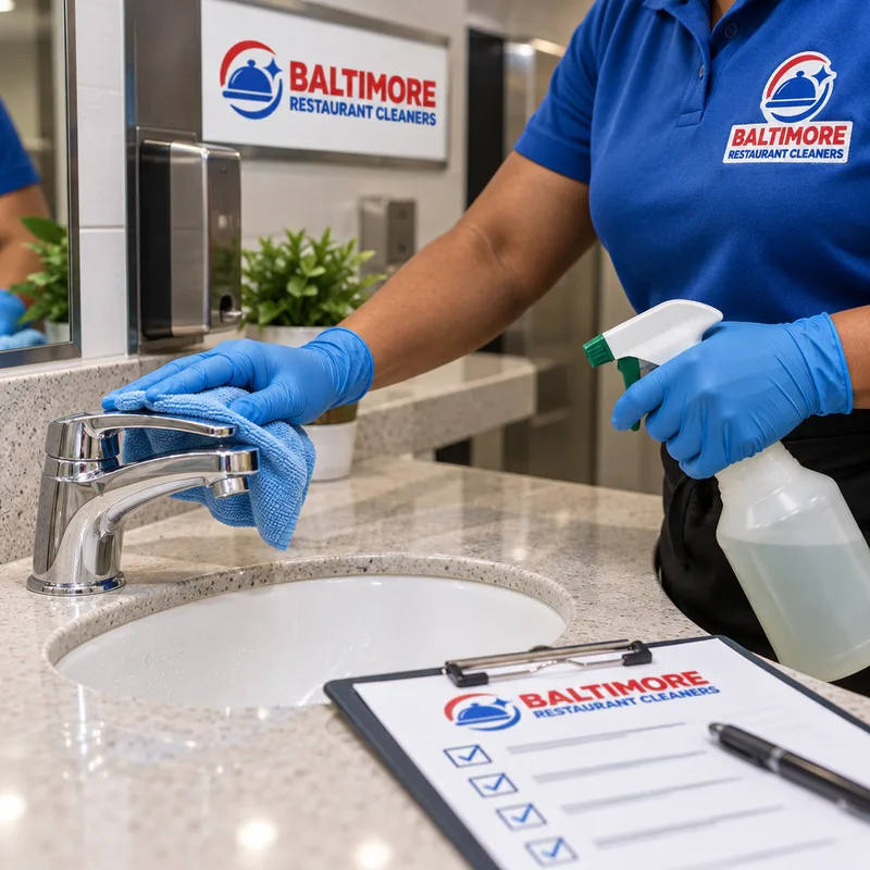 Gloved cleaner disinfecting a commercial restroom sink and faucet beside a checklist