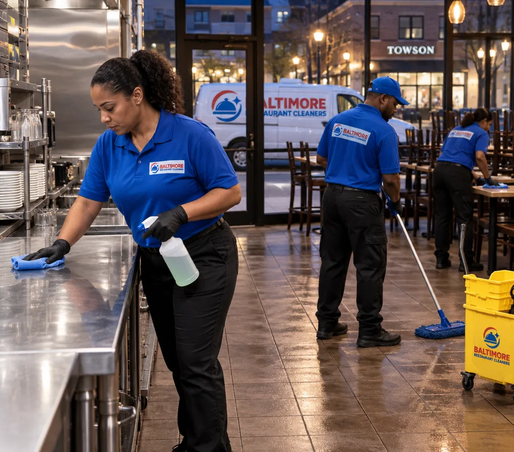 After-hours cleaning crew mopping a restaurant floor and wiping stainless prep surfaces in Towson
