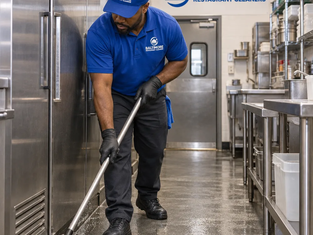 Clean back-of-house walkway with detailed stainless prep surfaces, corners, and floor edges