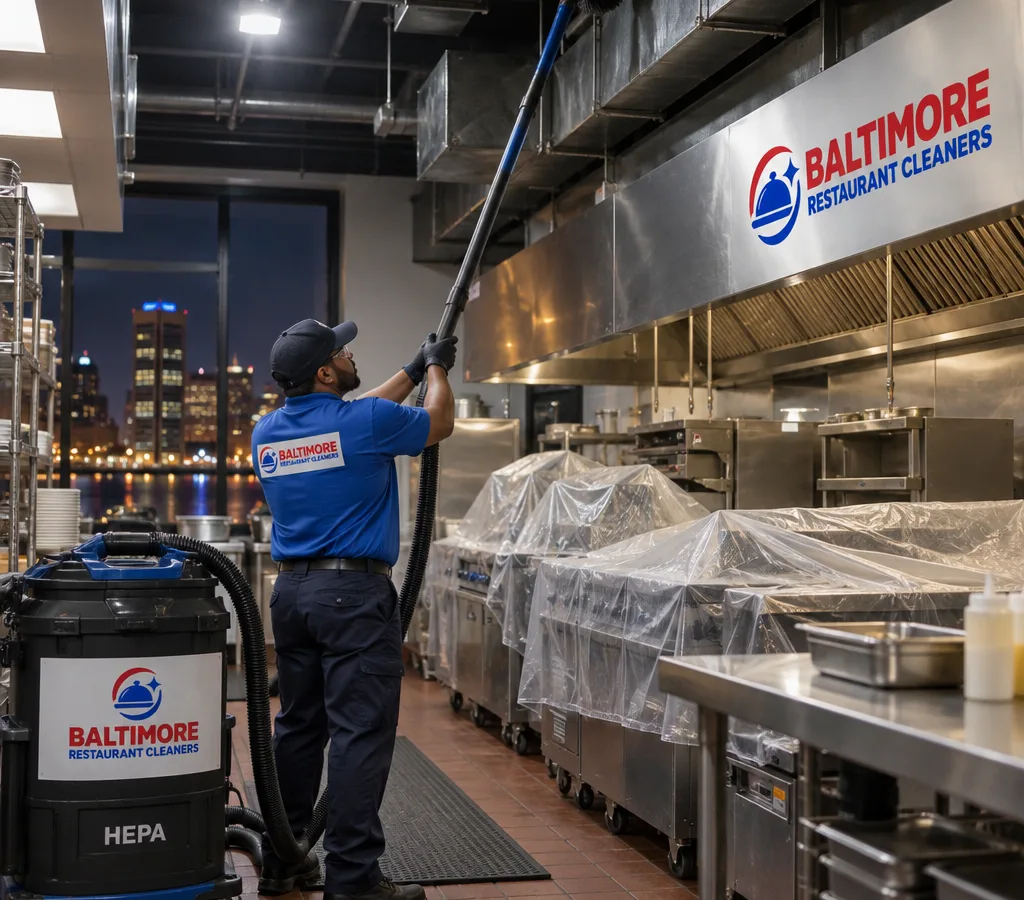Technician using an extension pole and HEPA vacuum to high-dust pipes, ductwork, and ledges above a protected restaurant prep line