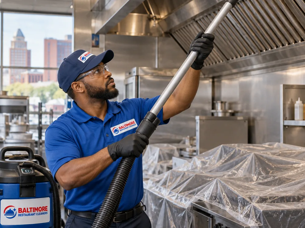 Technician high-dusting above a cook line with an extension pole and HEPA vacuum while prep surfaces are protected