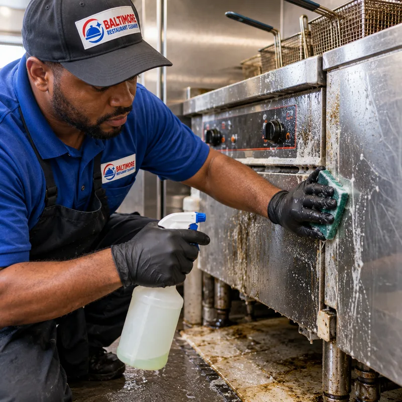 Technician degreasing a commercial fryer exterior and adjacent stainless wall panel with the floor edge exposed for cleaning
