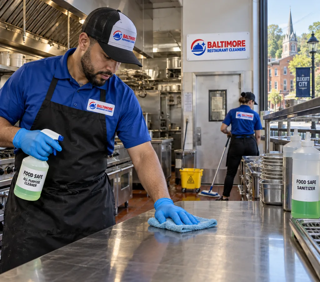 Early-morning commercial kitchen in Ellicott City being cleaned, with stainless prep tables, tile flooring, and labeled food-safe chemicals