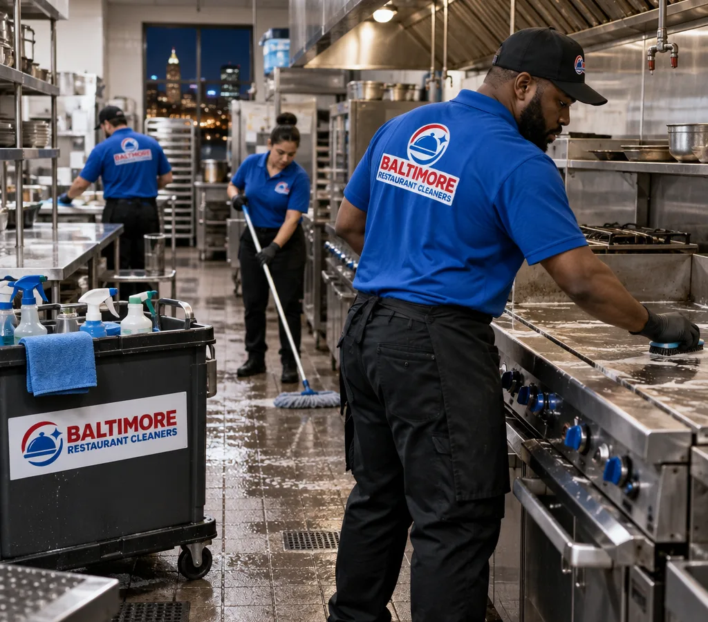 After-hours restaurant crew cleaning a commercial kitchen line with stainless equipment, floors, and prep tables visible