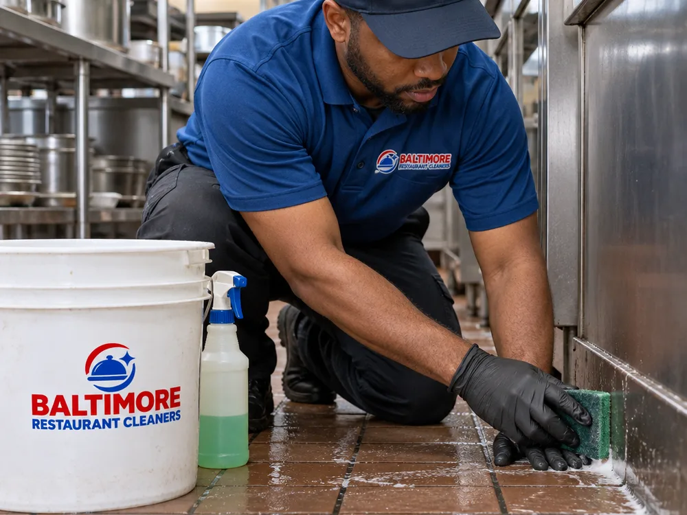 Technician detailing a commercial kitchen floor edge and baseboard beside a floor drain with cleaning supplies nearby
