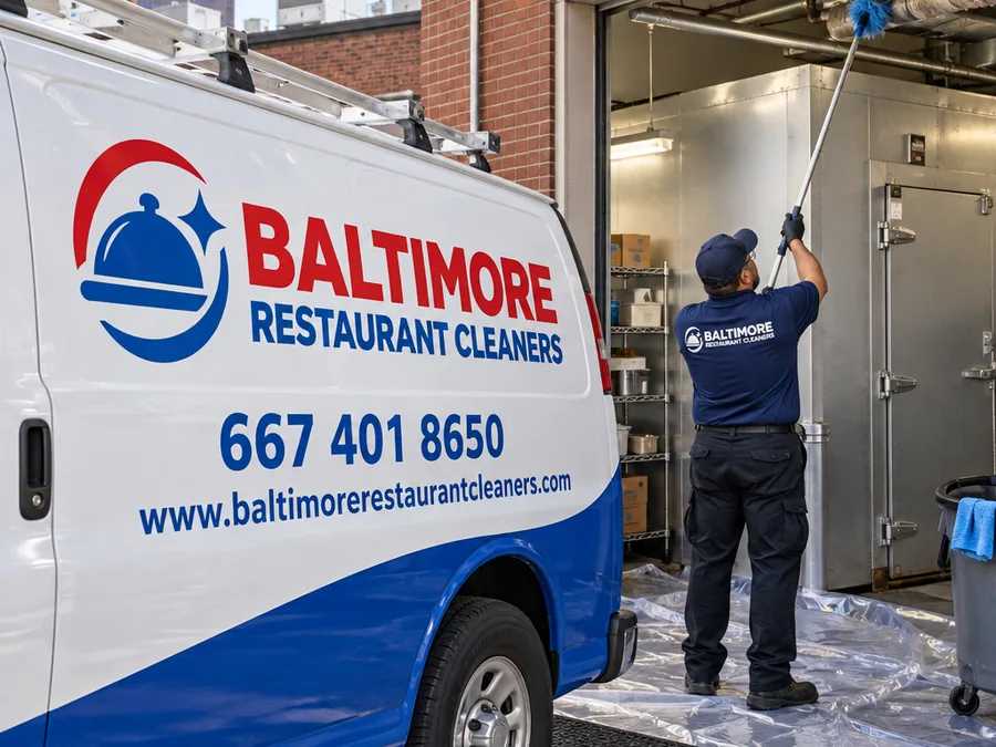 Technician performing high dusting on top of a walk-in cooler and overhead piping with an extension pole