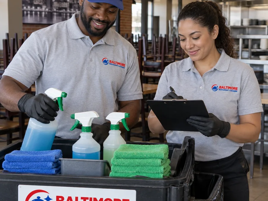 Uniformed restaurant cleaning crew staging labeled supplies and checklists